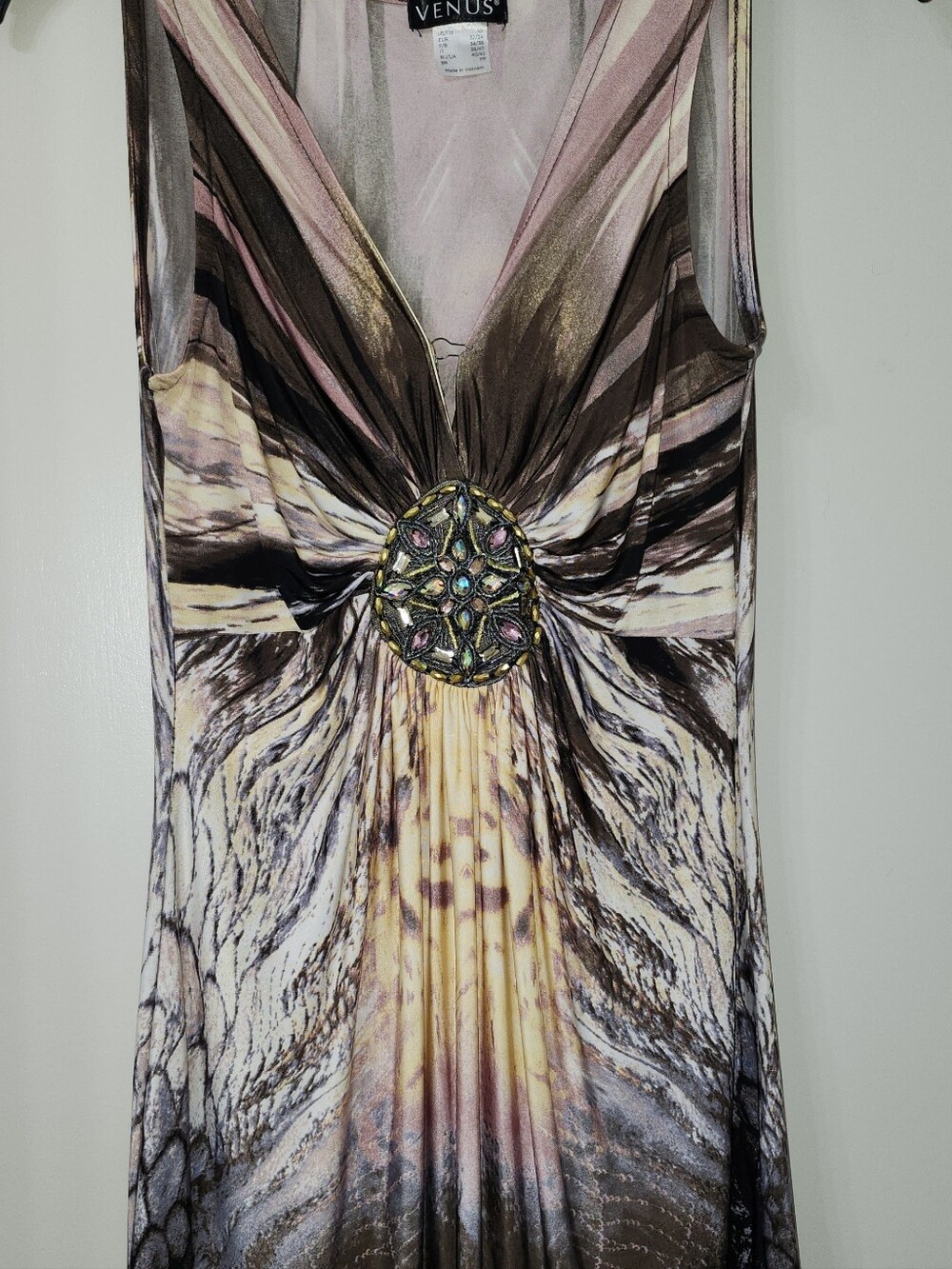 VENUS Sleeveless V-Neck Jeweled Waist Print Maxi Tunic - Pink Brown Cream